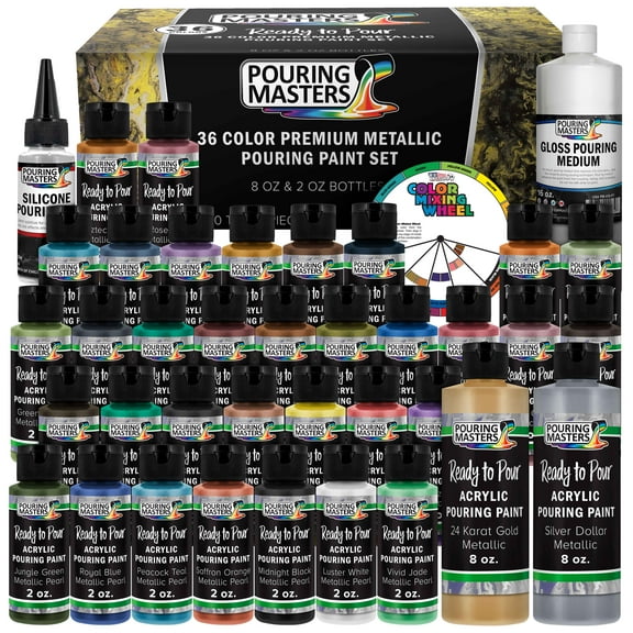 Pouring Masters 36 Color Metallic Ready to Pour Acrylic Pouring Paint Set, 2oz Bottles, Acrylic Paint Pour Supplies - Silicone Oil & Gloss Medium, Premium Pre-Mixed High Flow 8-Ounce Bottles