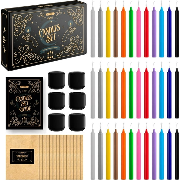 36 Colored Spell Candles | 5" x 1/2" | Taper Candles Kit for Witchcraft & Decor | 6 Chime Candle Holders | Wiccan Supplies & Candlesticks Set