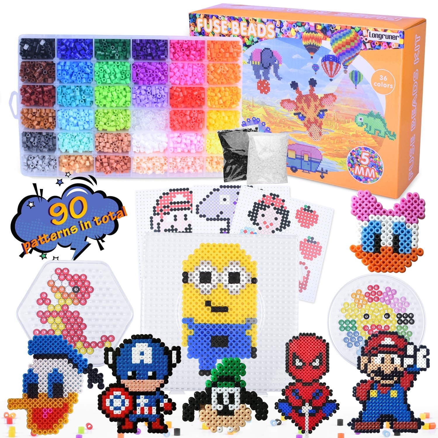 Fuse Beads Kit for Kids, 10000 PCS 36 Colors 5mm Melty Beads Set with 4 Pegboards, 90 Patterns, Ironing Paper, DIY Craft Kit for Ages 5+, Gift for Birthday Christmas