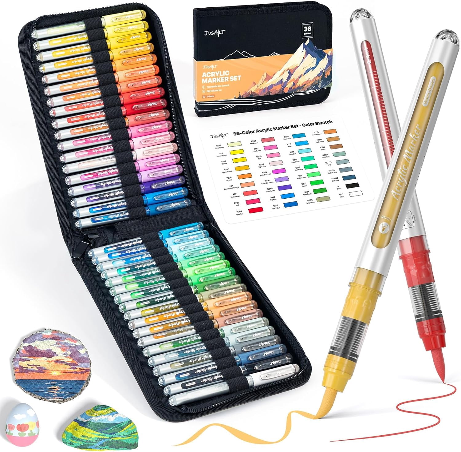 36 Colors Acrylic Paint Markers with Canvas Bag, Water-Based No-Bleed Paint Pens with Automatic Ink Control, Waterproof Brush Tip Markers for DIY Art & Crafts -Fabric, Rock, Wood, Glass, Metal