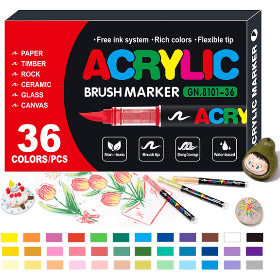 36 Colors Acrylic Paint Markers,Direct Liquid Soft Brush Tip Paint Pens and Paint Markers,Acrylic Paint Pens for Wood,Stone,Canvas,Glass,Fabric,Egg,Rock Painting and DIY Crafts Art Supplies