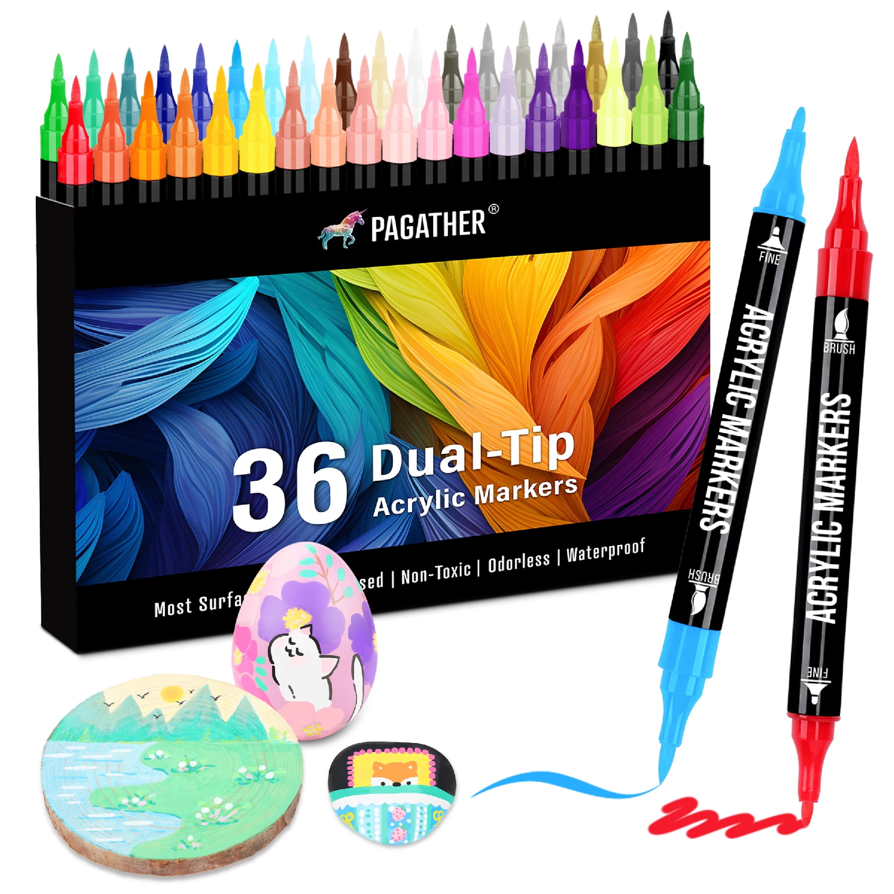 36 Colors Acrylic Paint Markers, Dual Tip with Fine Tip and Brush Tip Pens for Stone, Wood, Calligraphy, Canvas, Ceramic, Metal, Glass, Rock Painting, DIY Crafts