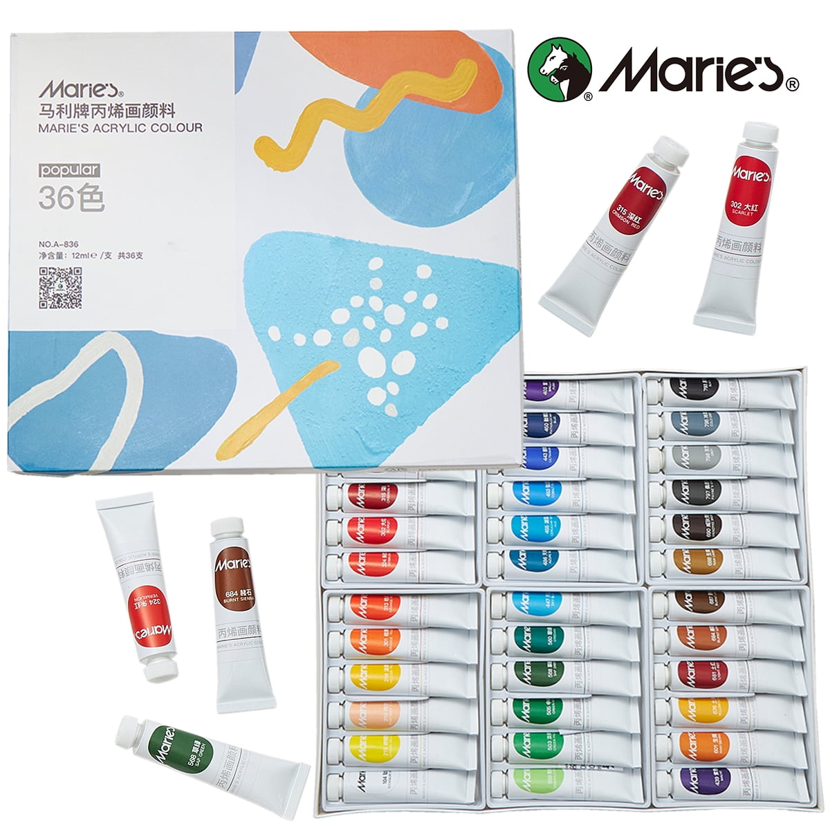 Acrylic Paint Set, 36 Colors x 12ml/0.4oz - Rich Pigments, Non-Toxic, Vibrant Colors for Canvas, Wood, Fabric & Crafts, Ideal for Artists, Beginners, Students & Hobbyists