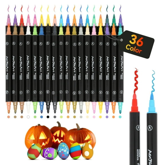 36 Colors Dual Tip Acrylic Paint Markers, Brush Tip and Fine Tip Acrylic Paint Pens for Rock Painting, Ceramic, Wood, Canvas, Plastic, Glass, Stone, Calligraphy, Card Making, DIY Crafts