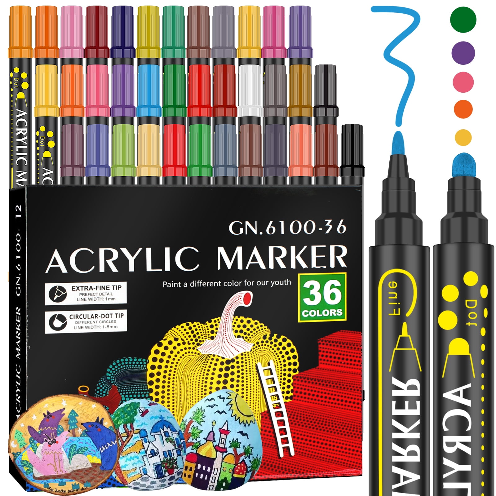 SDJMa Dual Tip Acrylic Markers Pen with Reversible Tip, 12 Colors Brush &  Medium Point & Fine Metallic Paint Pens for Rock, Wood, Fabric, Glass,  Metal, Ceramic, DIY Crafts and Most Surfaces 