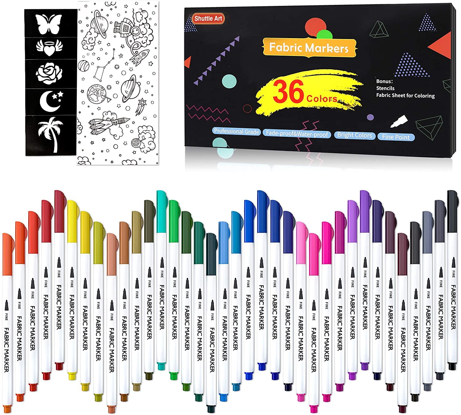 36 Colors Fabric Markers, Shuttle Art Fabric Markers Permanent