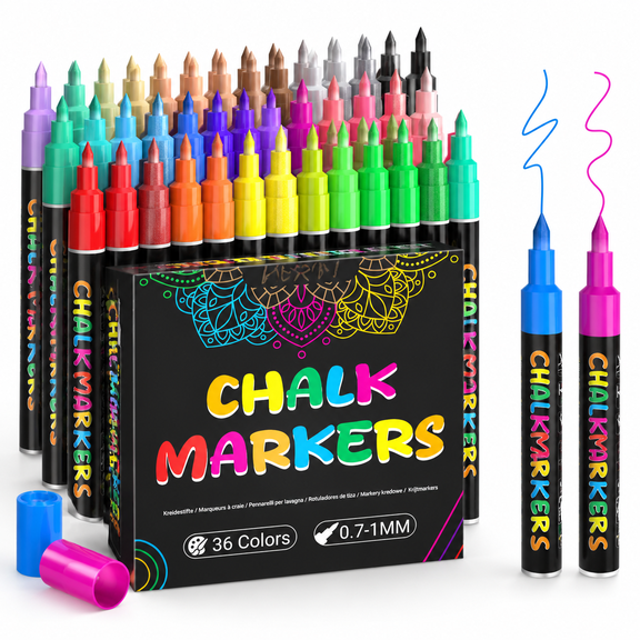 36 Colors Fine Tip Liquid Chalk Markers, 1.0mm Wet Erase Pens for Chalkboards and Windows