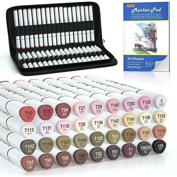 36 Colors Skin Tone&Hair Art Markers, Shuttle Art Dual Tip Alcohol Based Marker Pen Set Contains 1 Blender 1 Carrying Case 1 Marker Pad for Adults Portrait,Comic, Anime, Manga