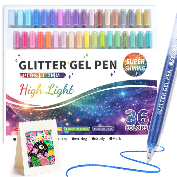 36 Colors Sparkle Glitter Gel Pens, 1.0mm Fine Tip, Large Capacity Ink, Smooth Glitter Ink, No-Bleed for Adult Coloring, Journaling, Drawing, Scrapbooking & Art Supplies