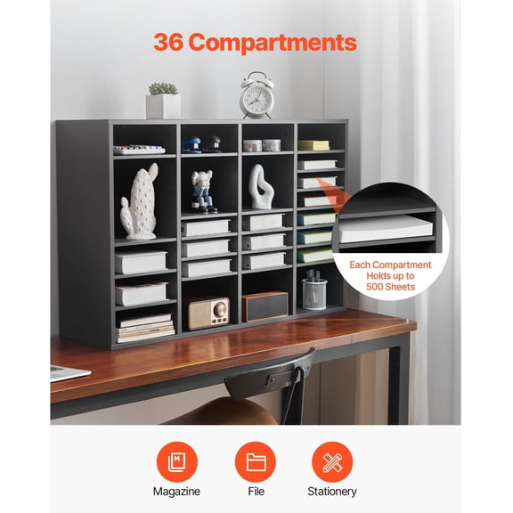 36 Compartment Grey Wooden Literature Mail Organizer with Adjustable Dividers, MDF File Sorter for Office Home Classroom Document Magazine Storage