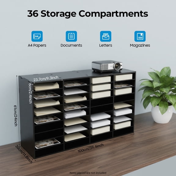 36Compartment Black PVC Document Organizer  10mm Frame, 176lb Load Capacity, Removable Partitions, AntiSlip Felt Pads, EasyAssemble Office & Home Filing Station