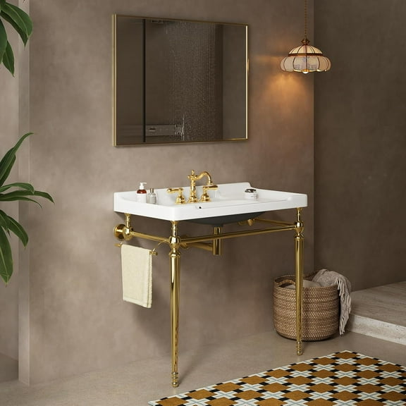 36"Console Bathroom Sink, Freestanding Console Sink With Stainless Brushed Gold Legs, Modern Bathroom Vanity with 3 Tap Holes