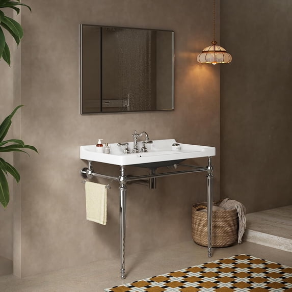36"Console Bathroom Sink, Freestanding Console Sink With Stainless Brushed Gold Legs, Modern Bathroom Vanity with 3 Tap Holes