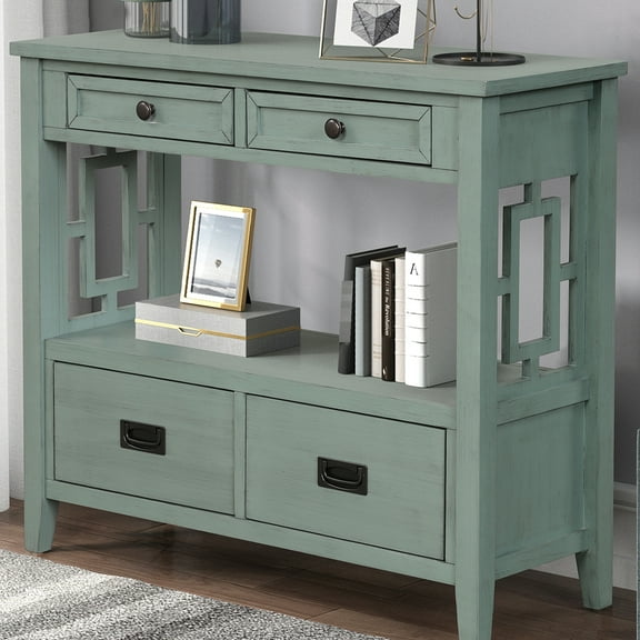 36'' Console Table. Retro Blue, Solid Pine. 4 Drawers & 1 Shelf For Bedroom Display Table With Shelf. Pine Wood, Blue. For Living Room