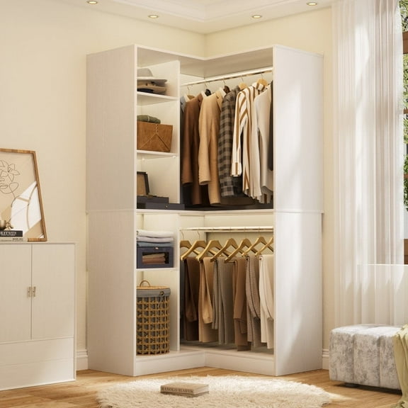 36'' Corner Closet System - iSunirm Freestanding Corner Closet Organizer System with 2 Hanging Rods & 8 Storage Shelves, Built-in Garment Rack, for Bedroom/Closet, 36"W x 16"D x 80"H, White