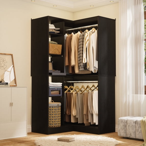 36'' Corner Closet System - iSunirm Freestanding Corner Closet Organizer System with 2 Hanging Rods & 8 Storage Shelves, Built-in Garment Rack, for Bedroom/Closet, 36"W x 16"D x 80"H, Black