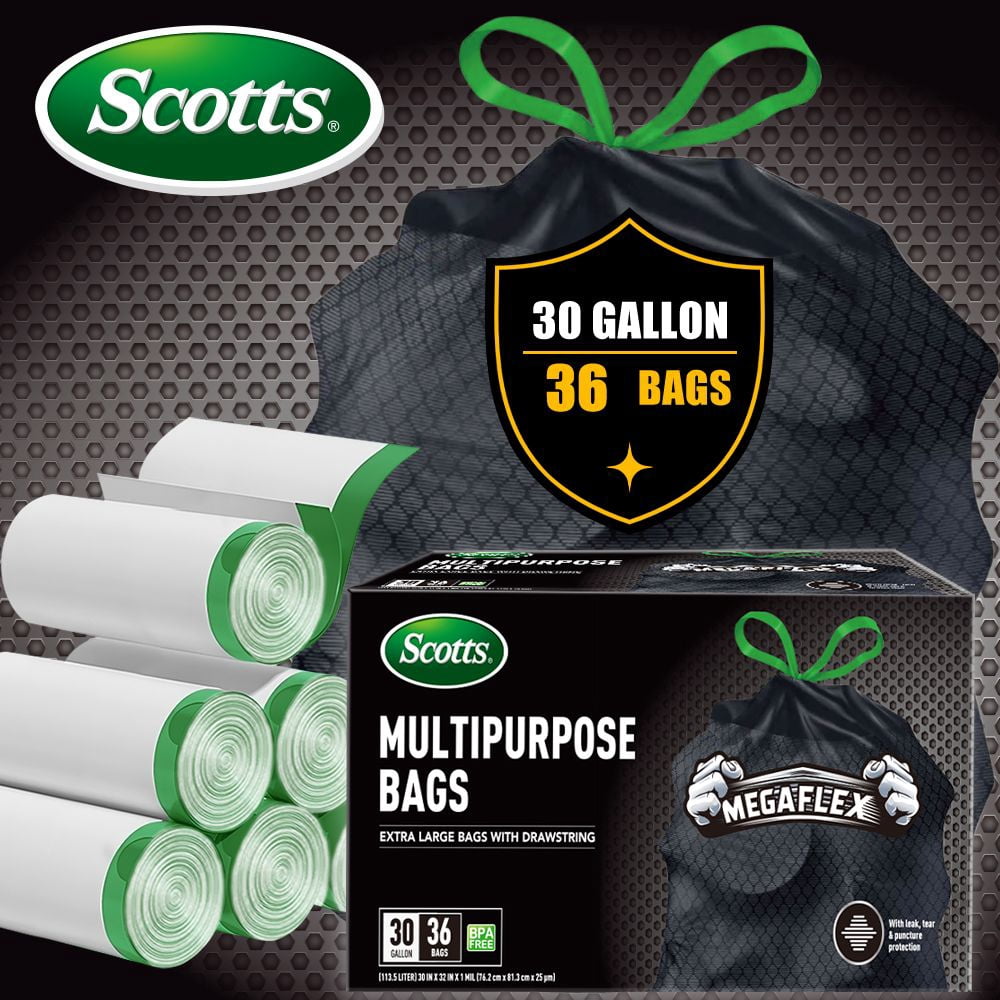 36 Count 30 Gallon Drawstring Trash Bags, Heavy Duty 113.5L Non-Rip Black Garbage Bags for Kitchen Home Garden Commercial Use
