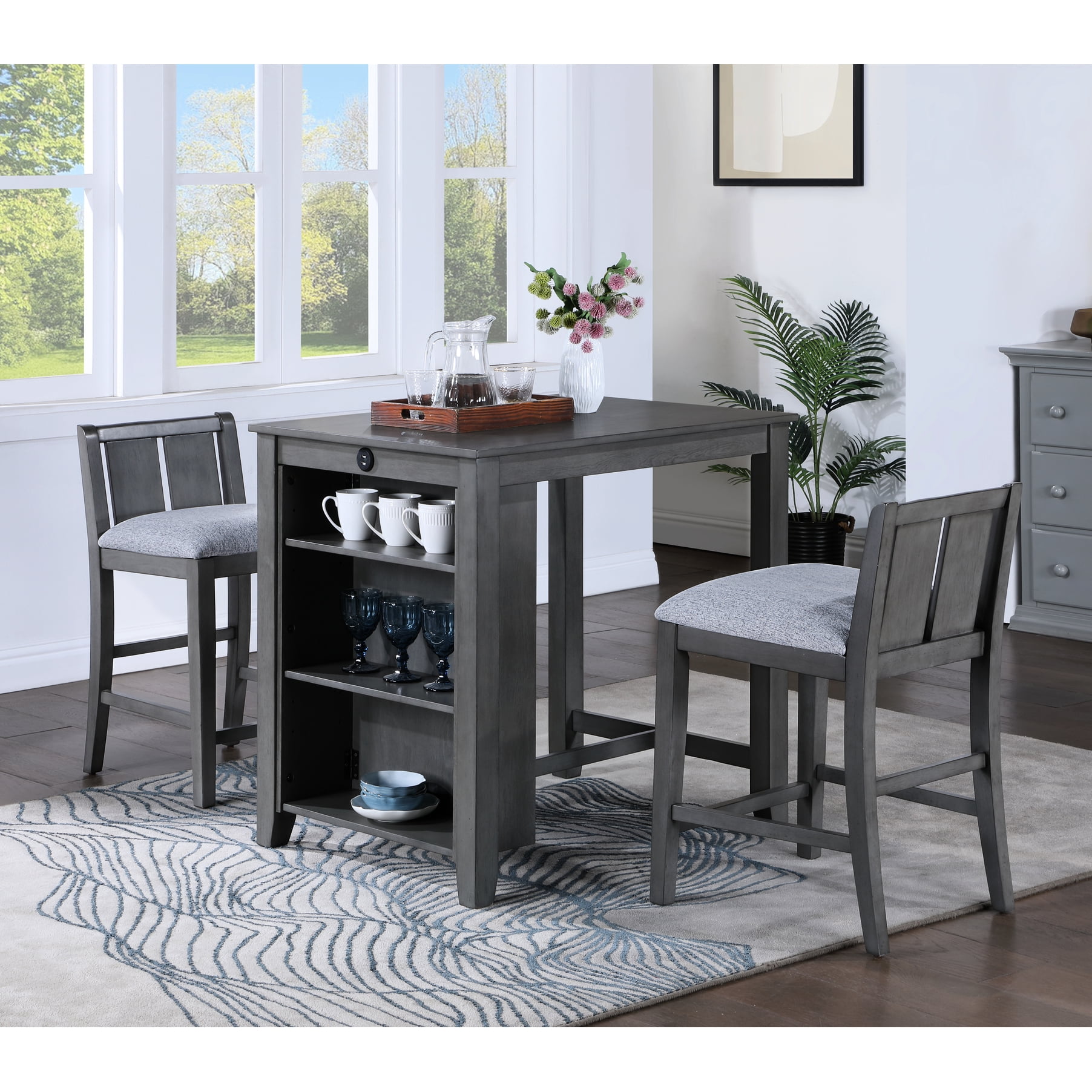 36" Counter Height Dining With Shelves & Ergonomic Chairs - Gray Table ...
