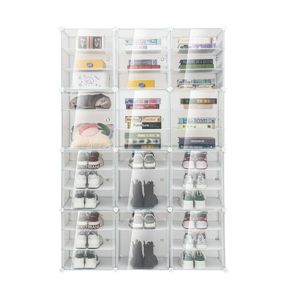 36 Cubes 72 Pairs Modular Plastic Shoe Storage Cabinet Boxes, 12 Tiers Shoe Rack Shelf Tower Stand Shoe Storage Organizer for Hallway Bedroom Closet Entryway White
