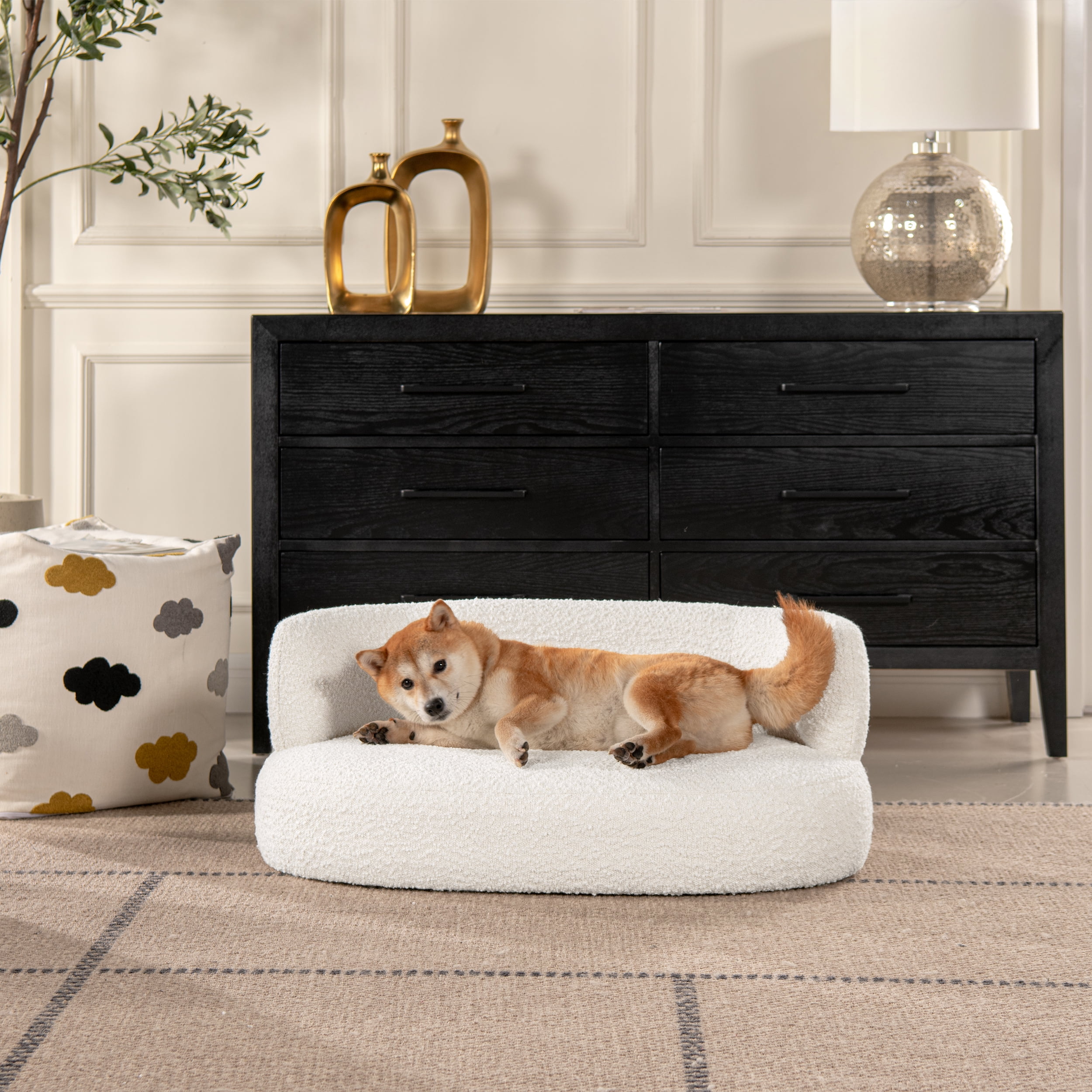 36" Curved Dog Sofa Bed, Medium, Ivory White Boucle