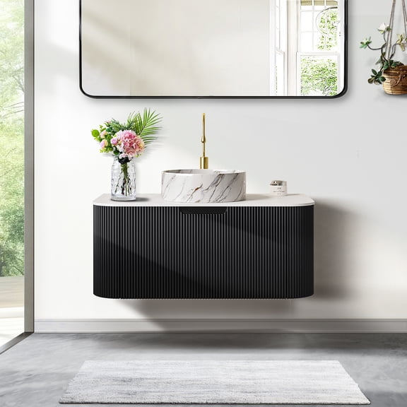 36" Curved Edges Striped Bathroom Vanity with Sink, Floating Plywood Cabinet with Single Large Drawer, Ceramic Vessel Basin & Artificial Marble Top - Black Color Pre-assembled Vanity