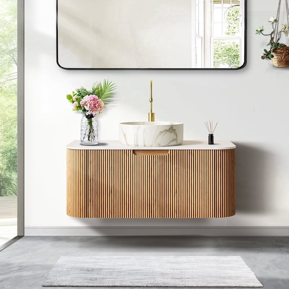 36" Curved Edges Striped Bathroom Vanity with Sink, Floating Plywood Cabinet with Single Large Drawer, Ceramic Vessel Basin & Artificial Marble Top - Natural Wood Grain Color Pre-assembled Vanity