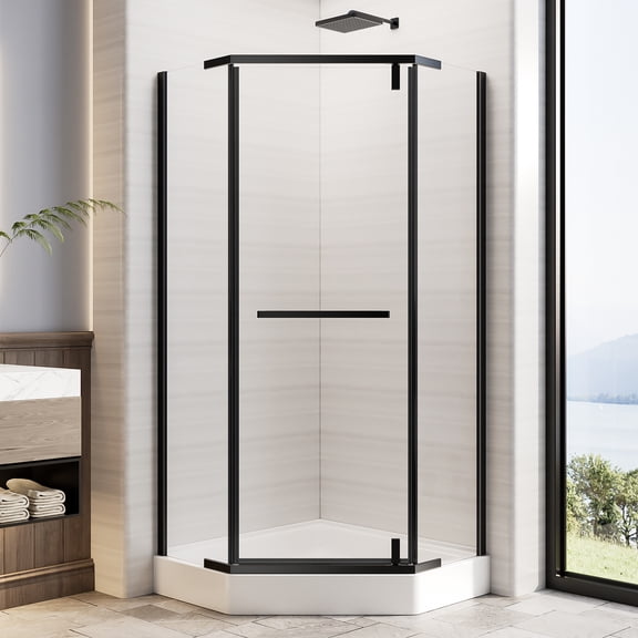 36"D X 36"W X 72"H Neo-Angle Shower Door, 1/4" Tempered Glass With Explosion-Proof Film, Black Stainless Steel Frame