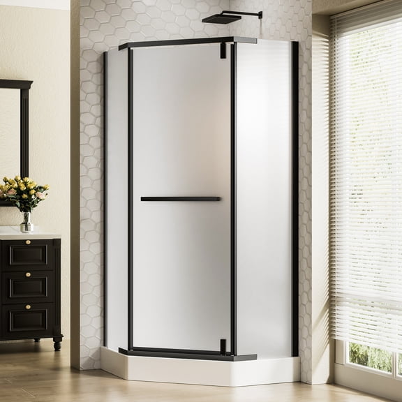 36"D X 36"W X 72"H Neo-Angle Shower Door, Corner Shower Door, 1/4" Tempered Glass With Frosted Ultra-Clear Nano-Coated, Black Stainless Steel Frame
