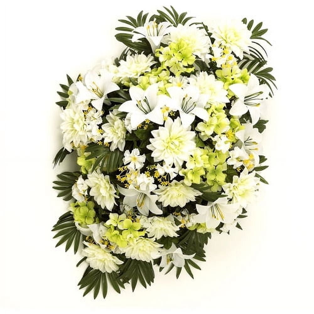36" Dahlia, Hydrangea and Zinnia Headstone Spray, Cream Dahlias, Light Green Hydrangeas, Cream Accent Zinnias