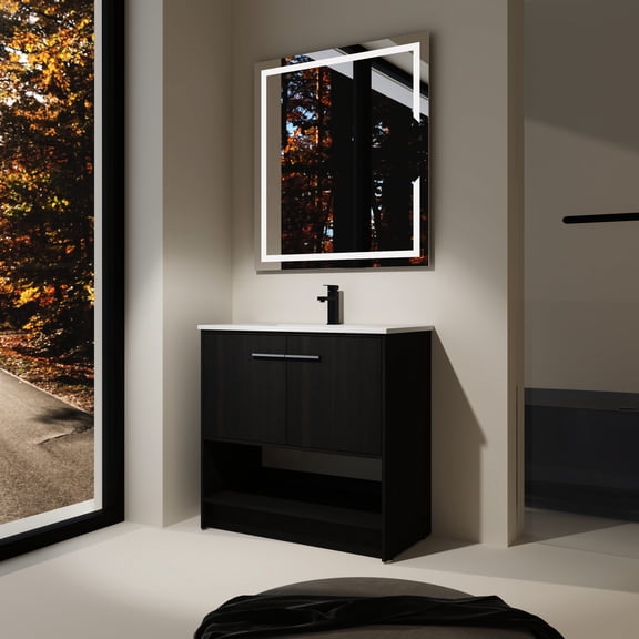 36" Dark Oak Plywood Cabinet - Three - Layer Glaze Sink - Bathroom Decor - Open Storage at Bottom