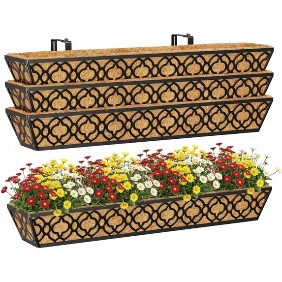 36'' Deck Railing Planter Set with Coco Coir Liner, Large 4 Pcs Metal Deck Railing Planter Window Boxes for Outdoor Balcony, Porch, Patio, and Fence Rail