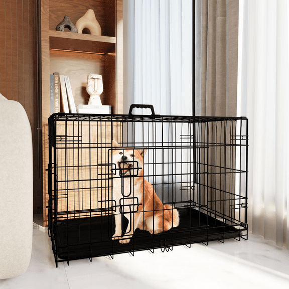 36'' Dog Crate, Double Door Folding Metal Wire with Divider and Plastic Leak-Proof Pan Tray for Indoor, Outdoor, and Travel