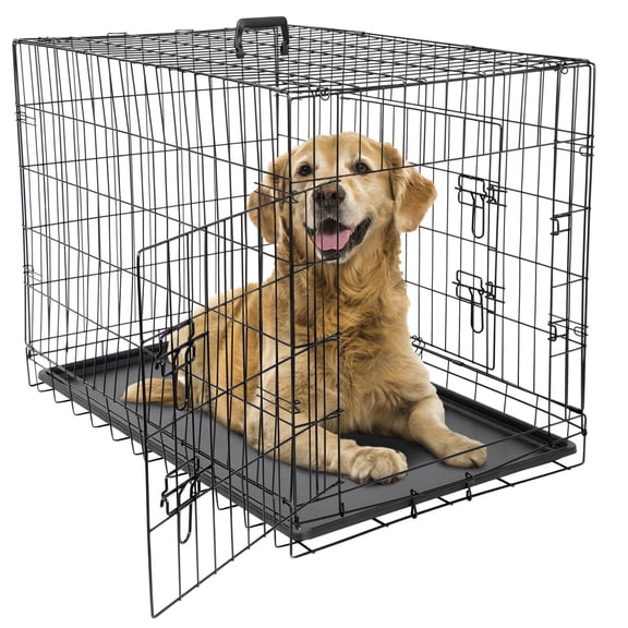 36" Dog Crate Kennel Folding Metal Pet Cage 2 Door W/ Tray Pan Indoor Dog House