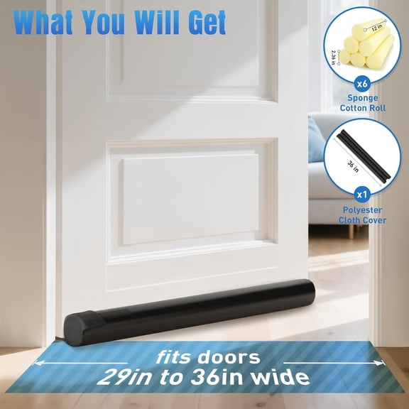 36" Door Draft Stopper, Black Under Door Sweep Blocks Gaps up to 2.36", Soundproof, Windproof, Dustproof, Light Blocker & Insect Resistant