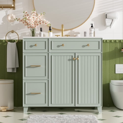 36" Durable Bathroom Vanity with Storage, Modern Minimalist Bathroom Vanity with Soft Close Door, Freestanding Storage Cabinet with Ceramic Sink for Bathroom, Green