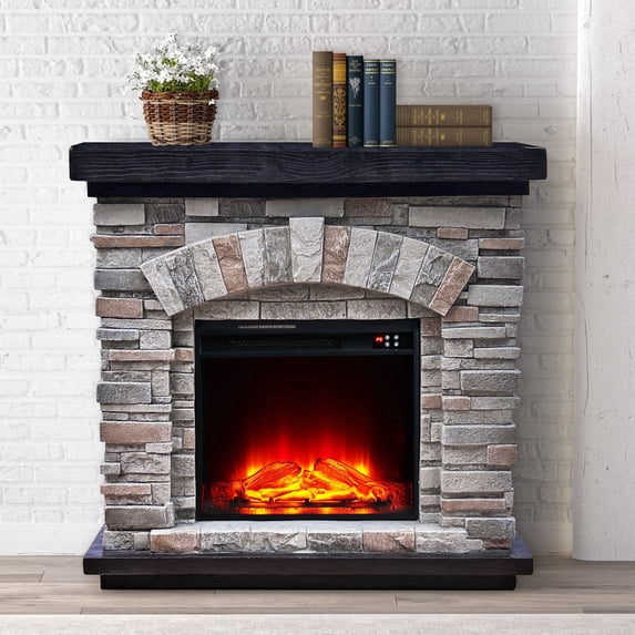 36" Electric Fireplace Mantel with Faux Brick-Grey