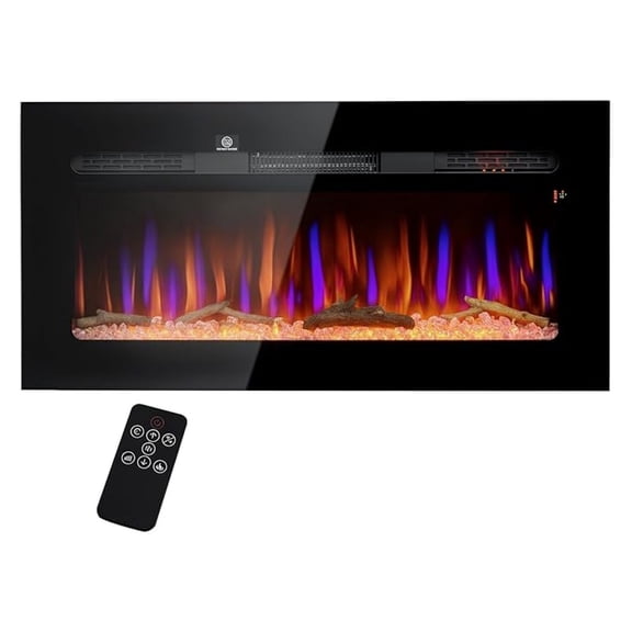 36" Electric Fireplace Recessed and Wall Mounted with Control, 1500W Fireplace Heater with 8H Timer, Adjustable Flame Color and Brightness, Log and Crystal