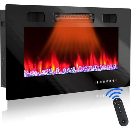 36" Electric Fireplace Wall Mounted & in-Wall Recessed, Ultra-Thin Silence Linear Fireplace Heater with 12 Flame Colors, Overheating Protection, Remote Control