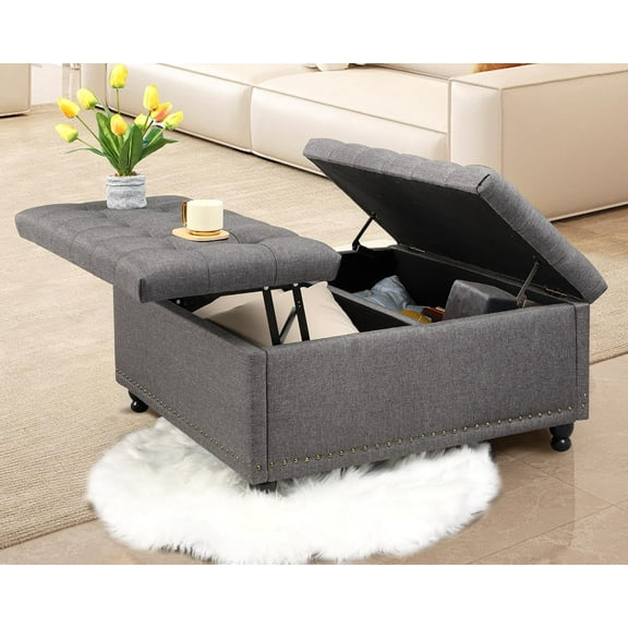 36" Extra Large Square Ottoman with Storage, Lift Top Storage Ottoman Bench Coffee Table, Tufted Upholstered Ottomans with Storage for Bedroom and Living Room(Grey)