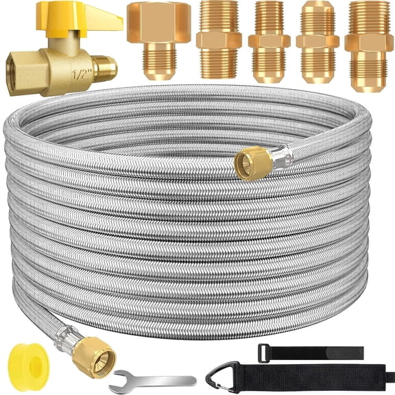 36 FT High Pressure Braided Propane Hose Extensions with Brass Gas Ball Valve, with Conversion Coupling 3/8" Flare to 1/2" Female NPT, 1/4" Male NPT, 3/8" Male for Fire Pit, Heater, BBQ Grill