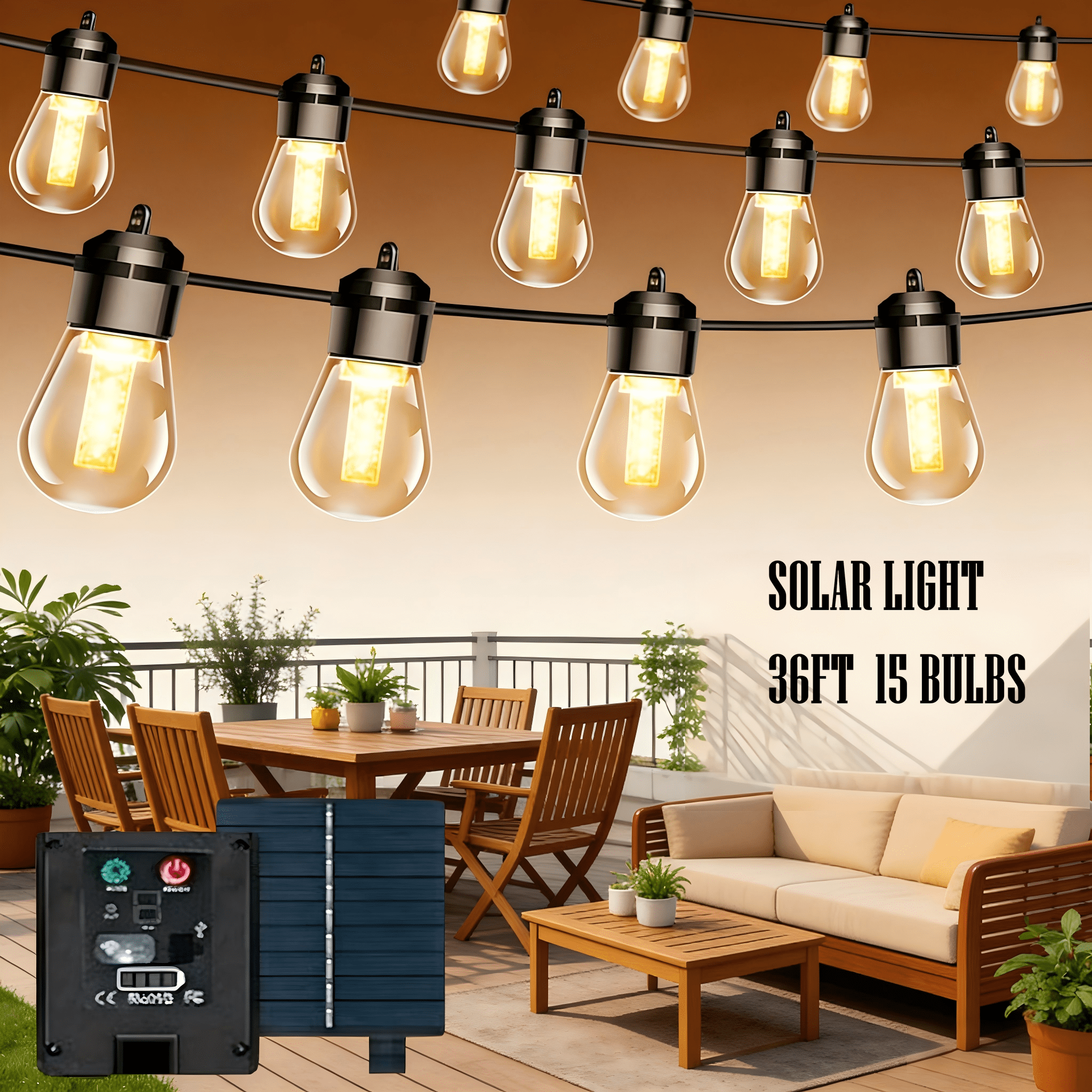 36 FT Outdoor String Lights with 15 Shatterproof Patio Vintage Edison Bulbs,2700K Dimmable, IP65 Waterproof for Outside, Patio Chrismas New Year Decor