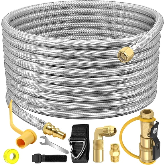 36 FT Quick Connect Propane Hose for RV to Gas Grill, RV Quick Connect with 1/4" Safety Shutoff Valve, LP Quick Disconnect Propane Hose with Elbow Adapter for Blackstone 17"/22" Griddle