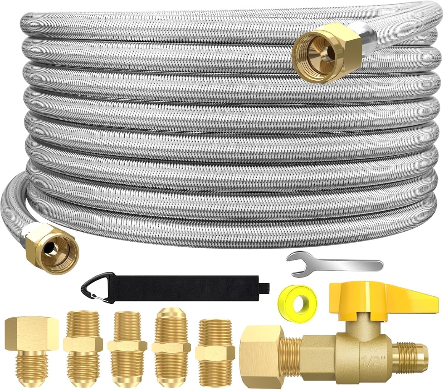 36FT 350PSI High Pressure Braided Propane Hose Extensions with Brass Gas Ball Valve, with Conversion Coupling 3/8" Flare to 1/2" Female NPT, 1/4" Male NPT, 3/8" Male for BBQ Grill, Fire Pit, Heater