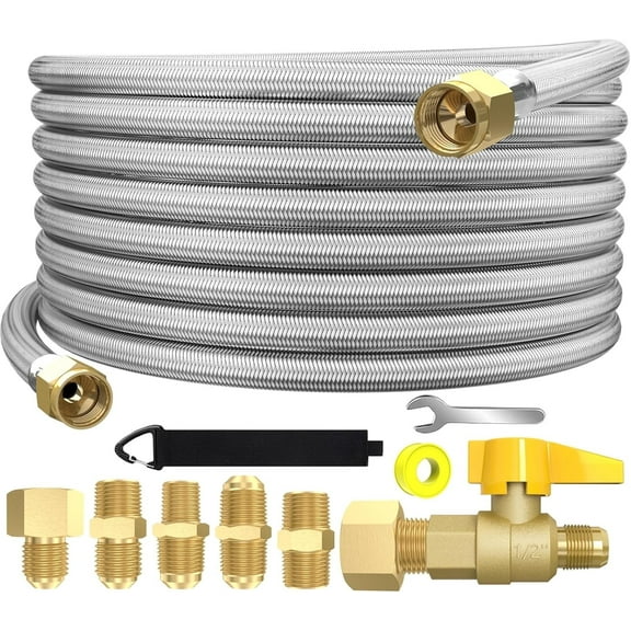 36FT 350PSI High Pressure Braided Propane Hose Extensions with Brass Gas Ball Valve, with Conversion Coupling 3/8" Flare to 1/2" Female NPT, 1/4" Male NPT, 3/8" Male for BBQ Grill, Fire Pit, Heater