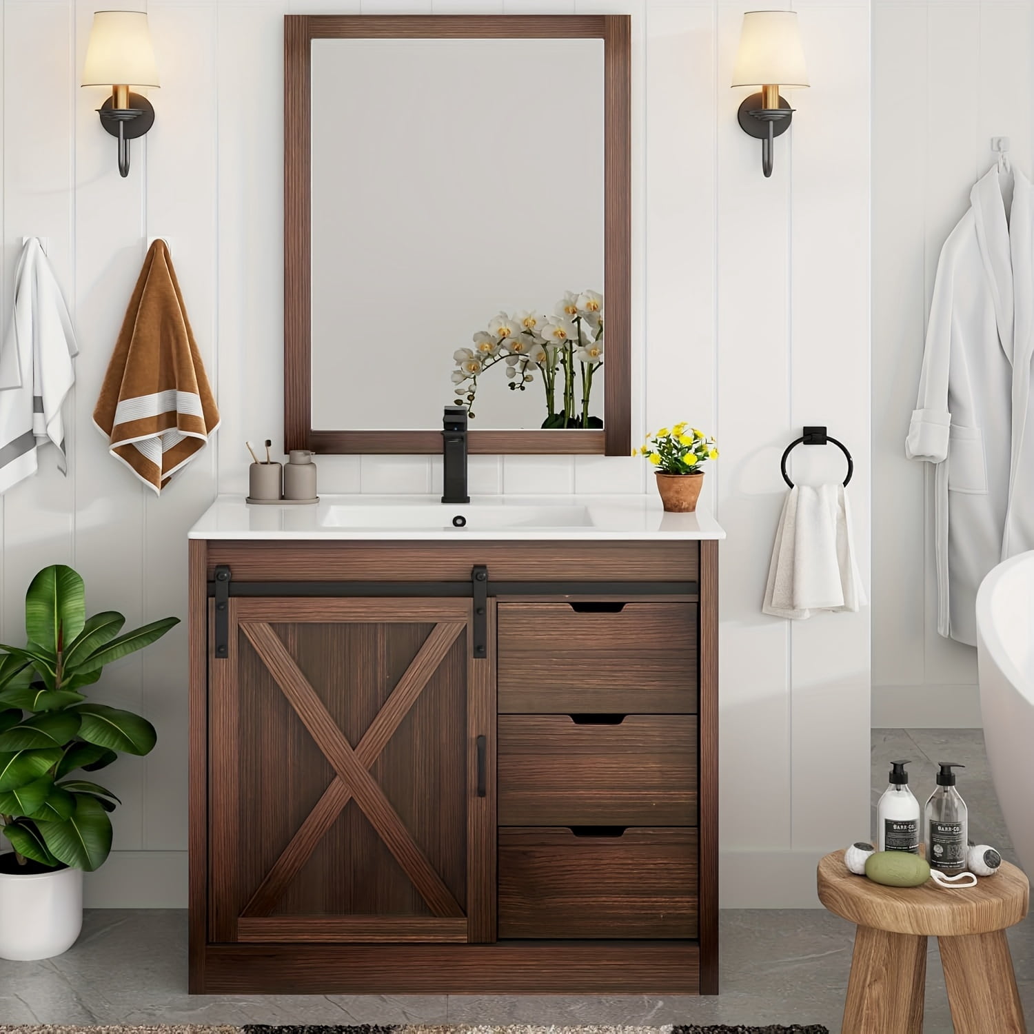 36" Farmhouse Bathroom Vanity with Sink, & Mirror, Space-Saving Vanity ...