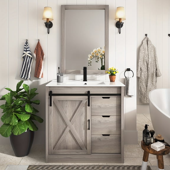 36" Farmhouse Bathroom Vanity with Sink, & Mirror, Space-Saving Vanity Cabinet with Sliding Barn Door & Drawers, Single Sink Bathroom Vanity for Spaces
