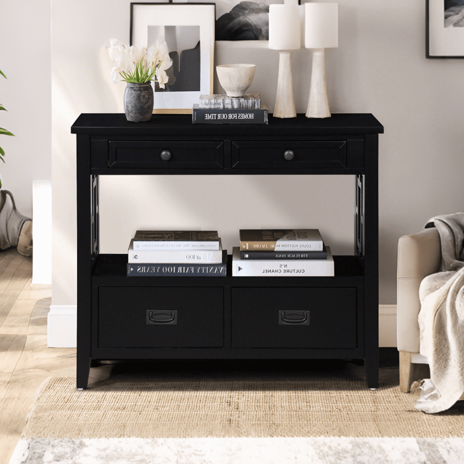 36'' Farmhouse Console Table,Pine Wood Entryway Table with 4 Drawers & 1 Storage Shelf for Entryway Living Room Hallway Kitchen (Black)