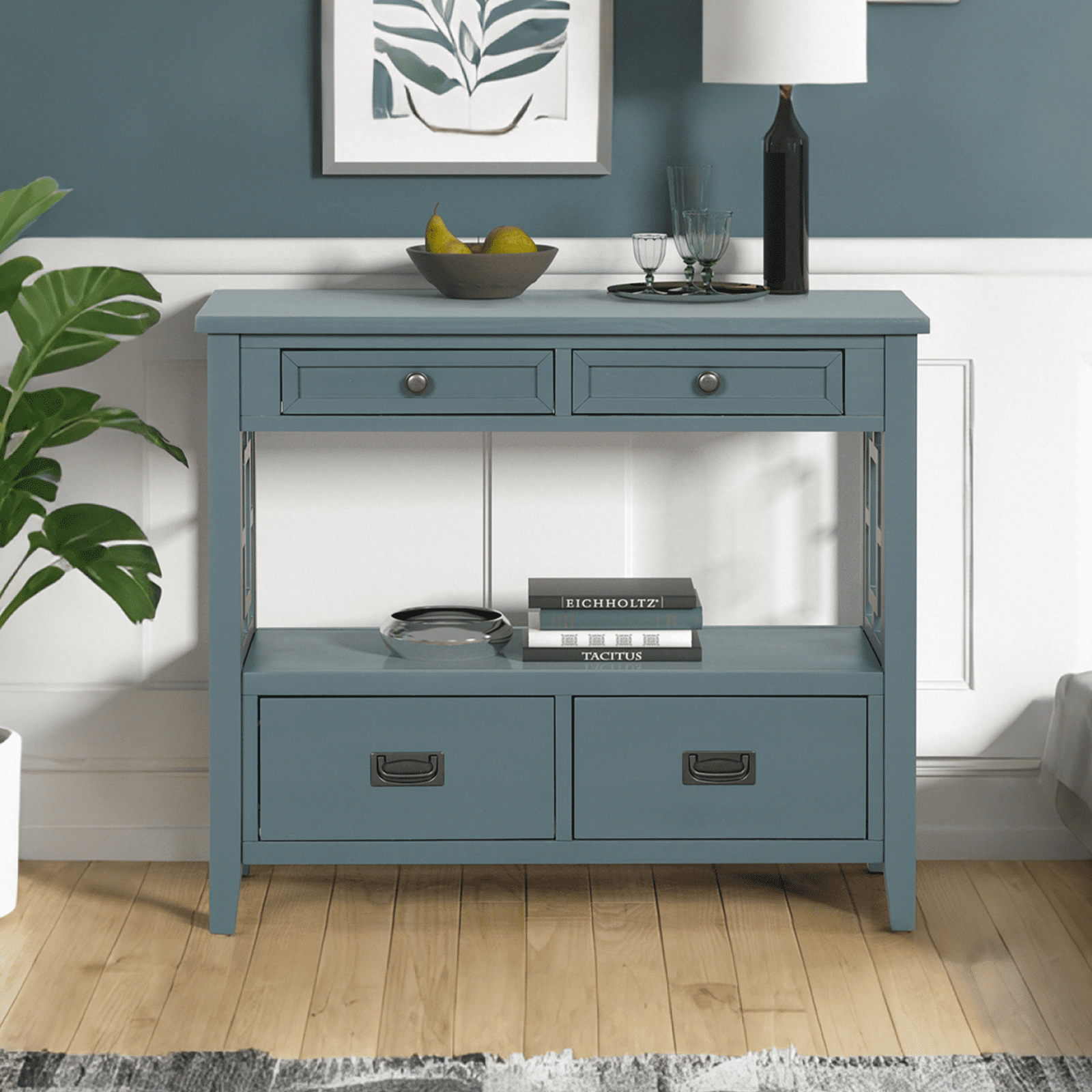 36'' Farmhouse Console Table,Pine Wood Entryway Table with 4 Drawers & 1 Storage Shelf for Entryway Living Room Hallway Kitchen (Blue Green)