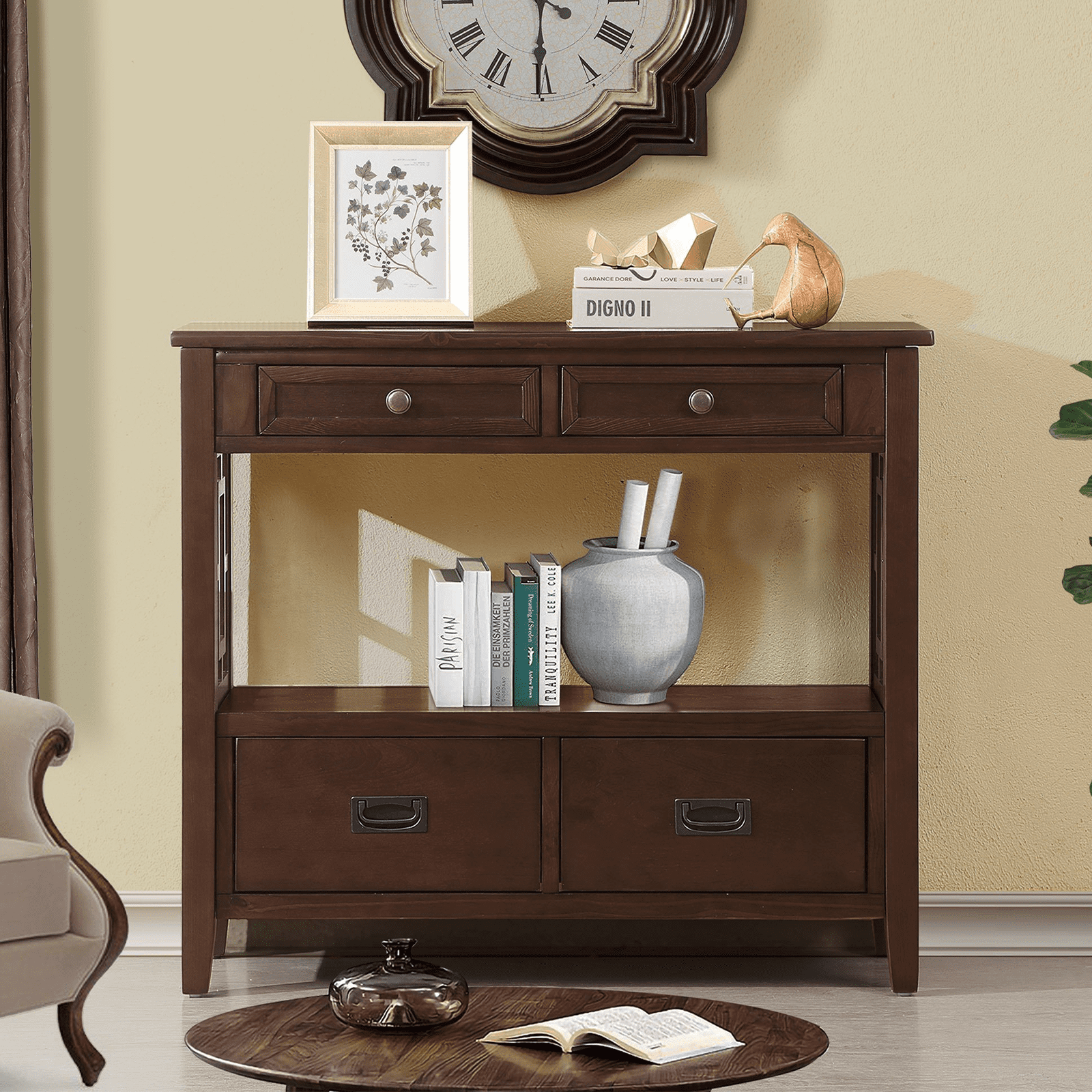 36'' Farmhouse Console Table,Pine Wood Entryway Table with 4 Drawers & 1 Storage Shelf for Entryway Living Room Hallway Kitchen (Espresso)