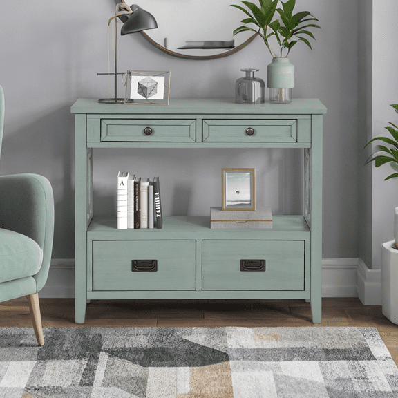 36'' Farmhouse Console Table,Pine Wood Entryway Table with 4 Drawers & 1 Storage Shelf for Entryway Living Room Hallway Kitchen(Retro Blue)